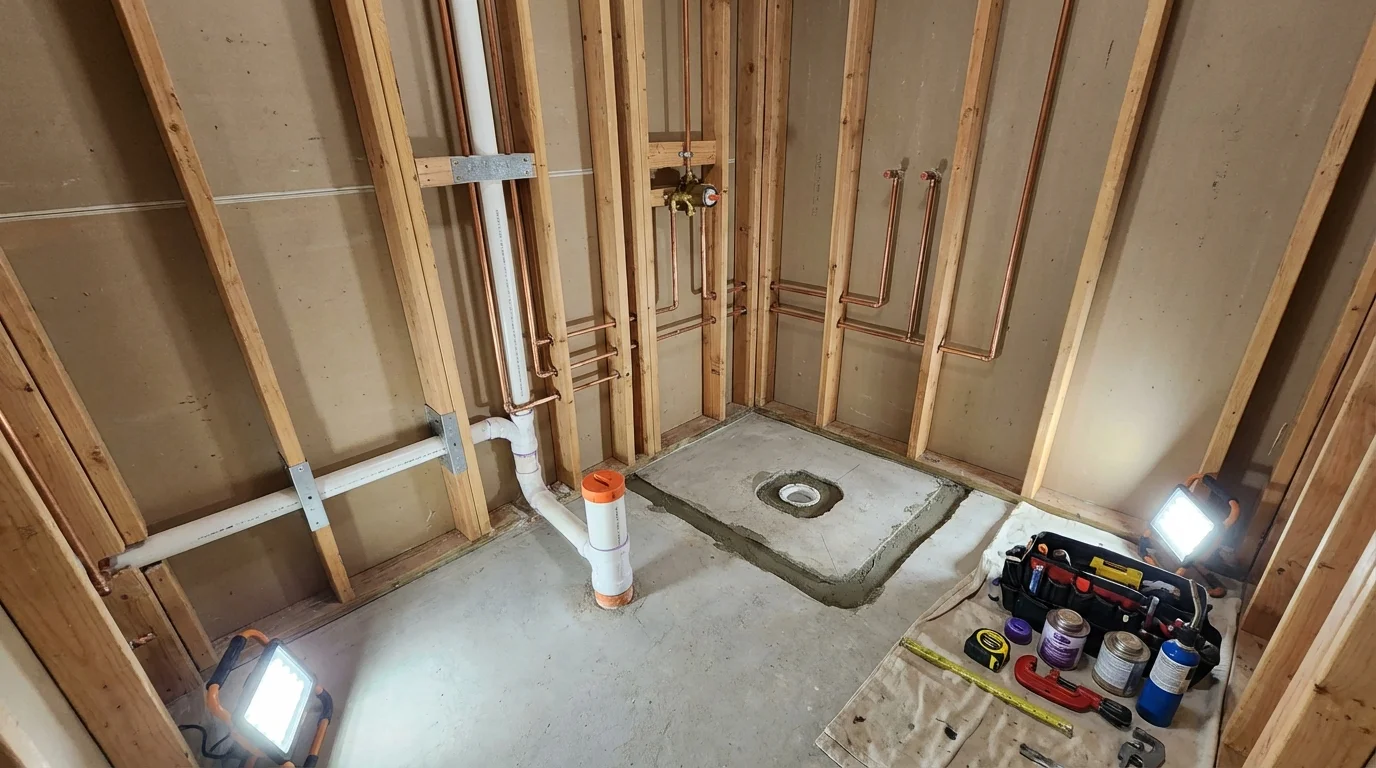 Bathroom rough-in plumbing during remodel by Johns Plumbing LLC in Lawrenceville