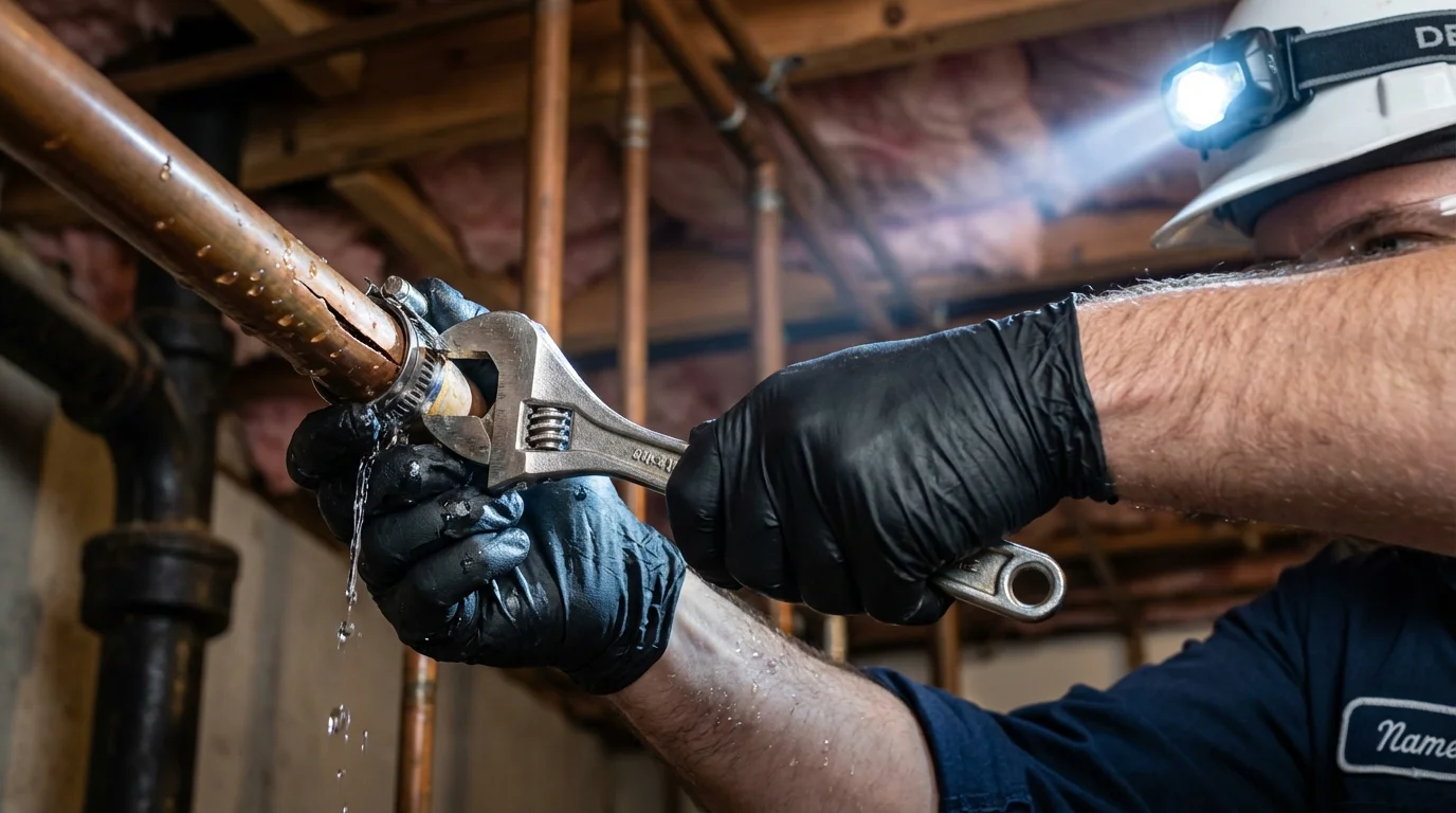 Emergency pipe clamp repair being performed by a Johns Plumbing LLC plumber in Lawrenceville