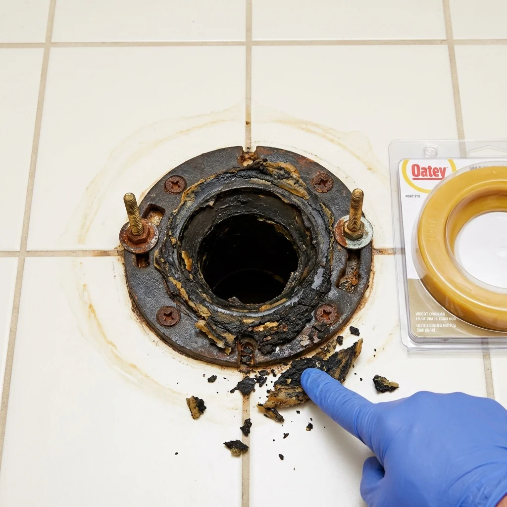 Failed wax ring showing water seepage at the base of a toilet in a Lawrenceville, GA home