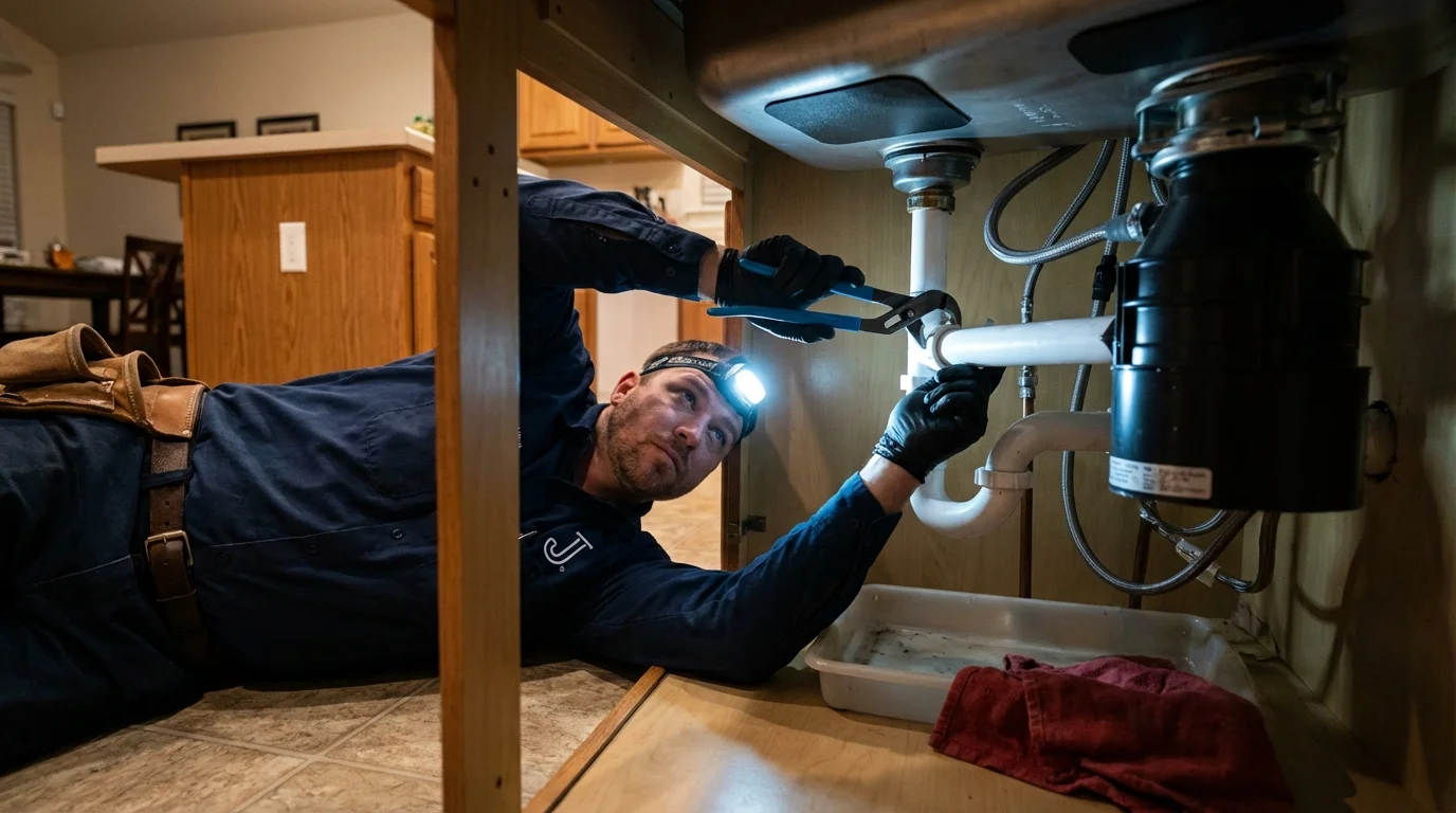 P-trap and supply line connections under a kitchen sink showing a common leak point in Lawrenceville, GA